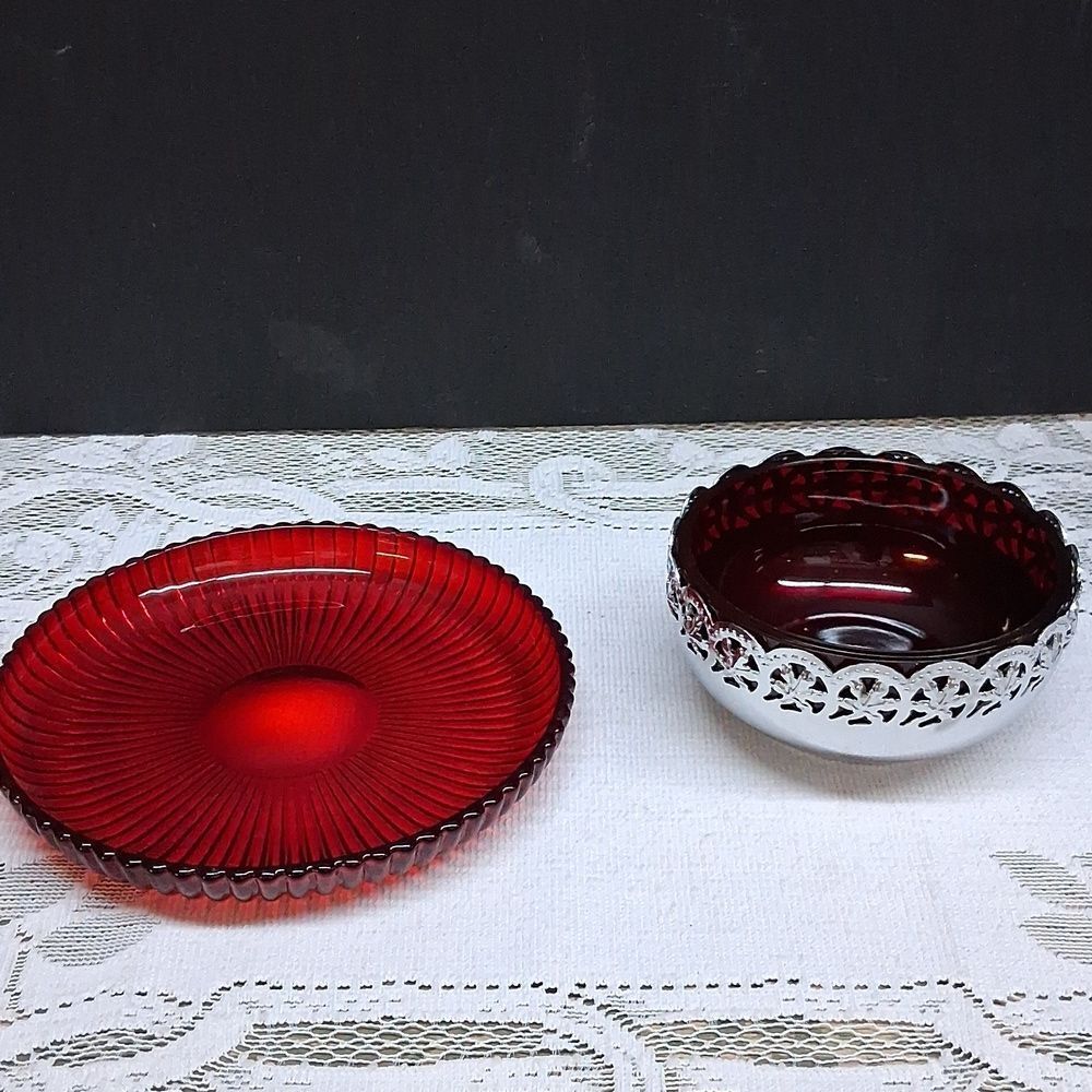 Vintage ruby red glassware in Chrome made in England jelly server and red plate